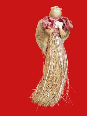 Natural Raffia Straw Angel Doll Handmade Praying Angel 23" H